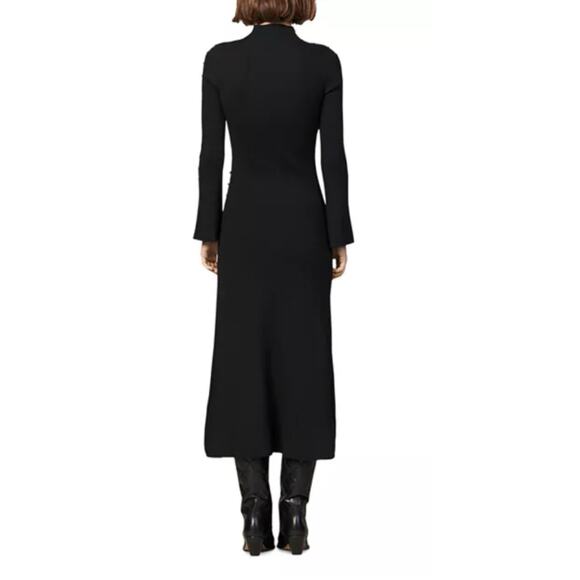 Sandro Lizza Black Ribbed Sweater Knit Pearl Trim Monk Neck Midi Dress 1 S - Picture 2 of 12